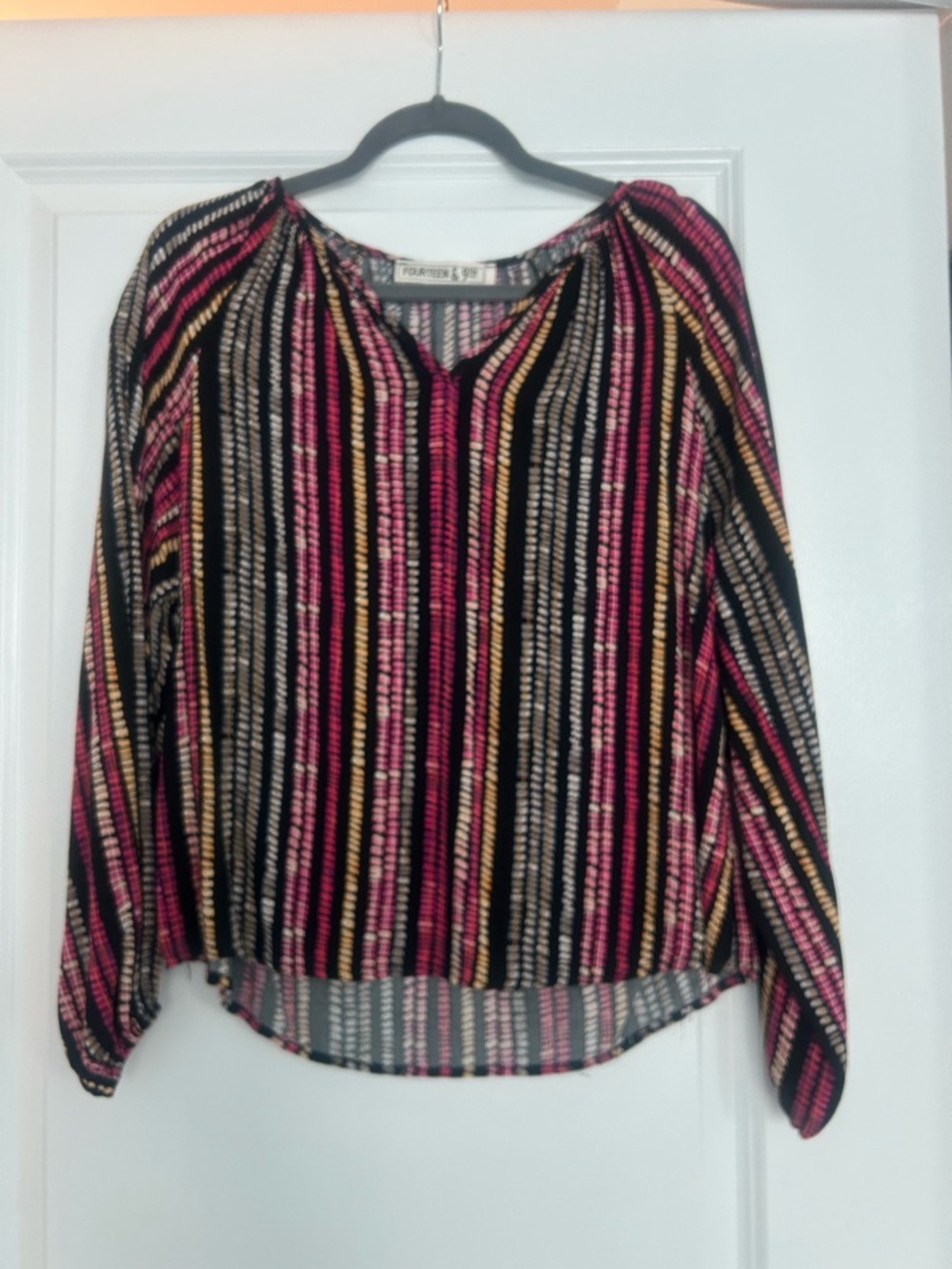 Striped V-Neck Peasant Blouse in Pink & Black